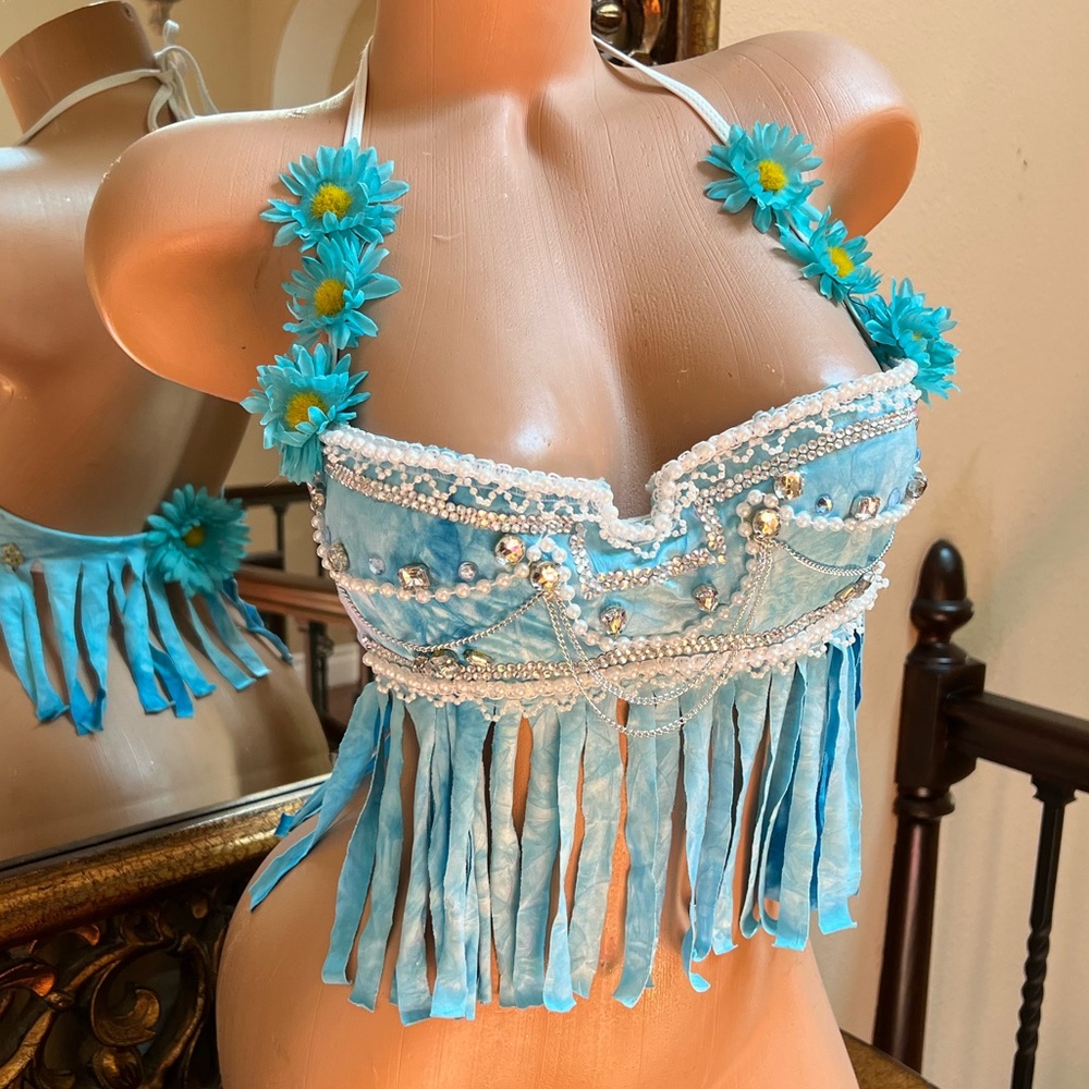 Sexy handmade sequin beaded floral rave edc halter top bikini costume Halloween